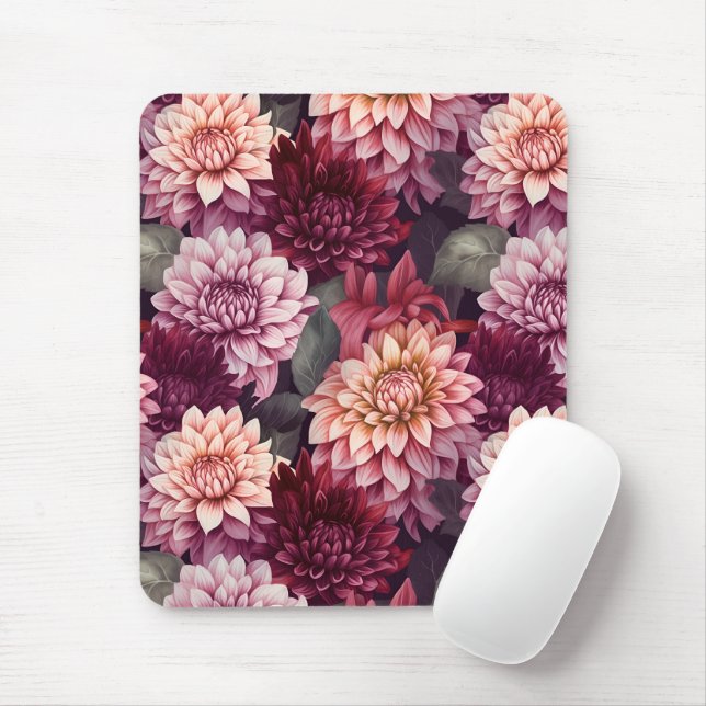 Watercolor Red Pink Dahlia Pattern Design Mouse Mat (With Mouse)