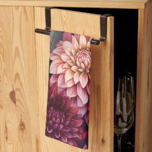 Watercolor Red Pink Dahlia Pattern Design Tea Towel