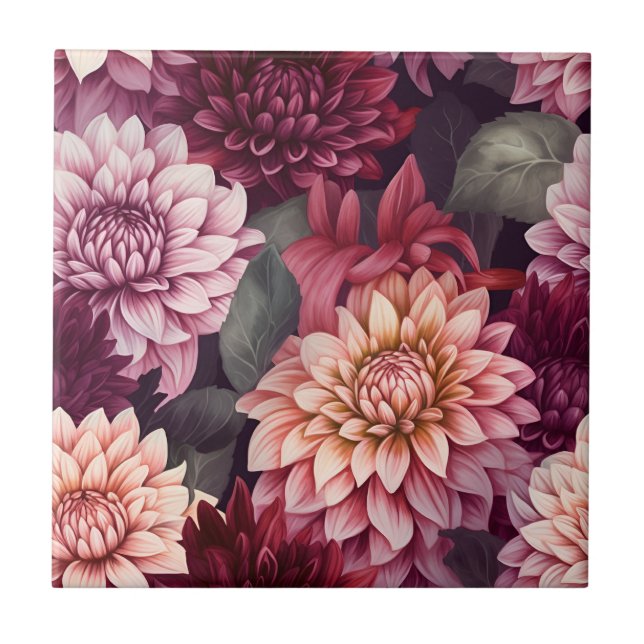 Watercolor Red Pink Dahlia Pattern Design Tile (Front)