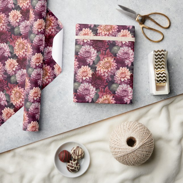 Watercolor Red Pink Dahlia Pattern Design Wrapping Paper (Crafts)