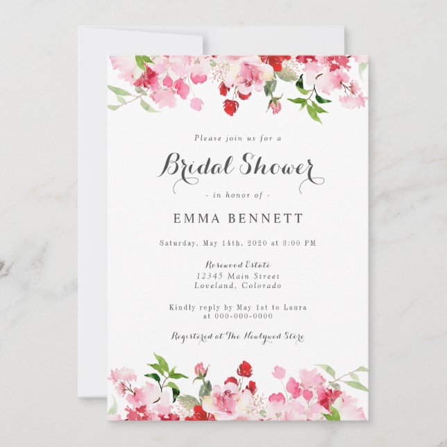 Watercolor Red Pink Floral Bridal Shower Invitatio Invitation (Front)