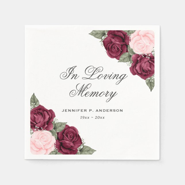 Watercolor Red Pink Floral Funeral Memorial Napkin (Front)