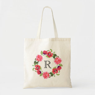 Watercolor Red & Pink Flowers Circle Wreath Design Tote Bag