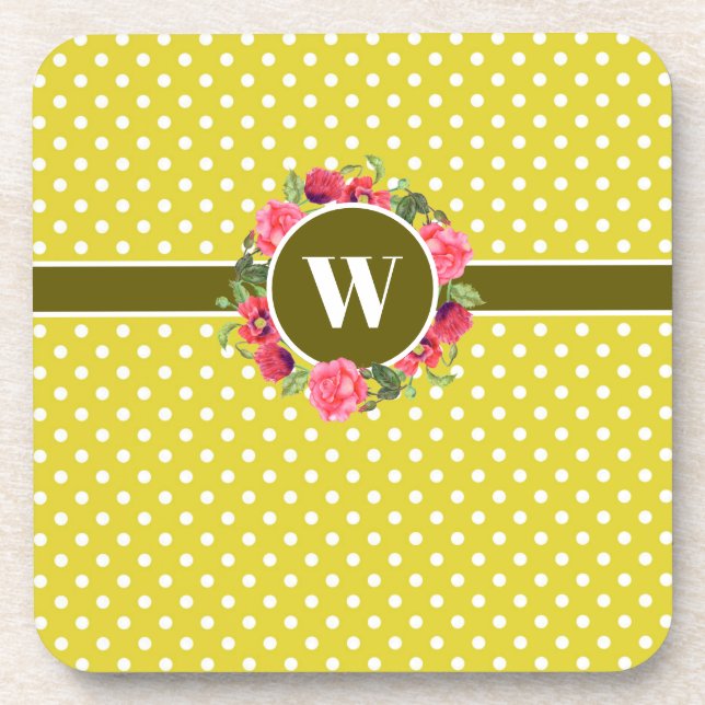 Watercolor Red & Pink Flowers Wreath Polka Dots Coaster (Front)
