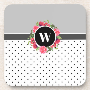 Watercolor Red & Pink Flowers Wreath Polka Dots Coaster