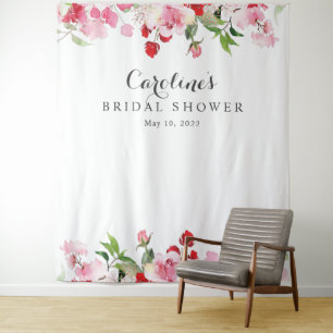 Watercolor Red Pink Roses Bridal Shower Backdrop Tapestry