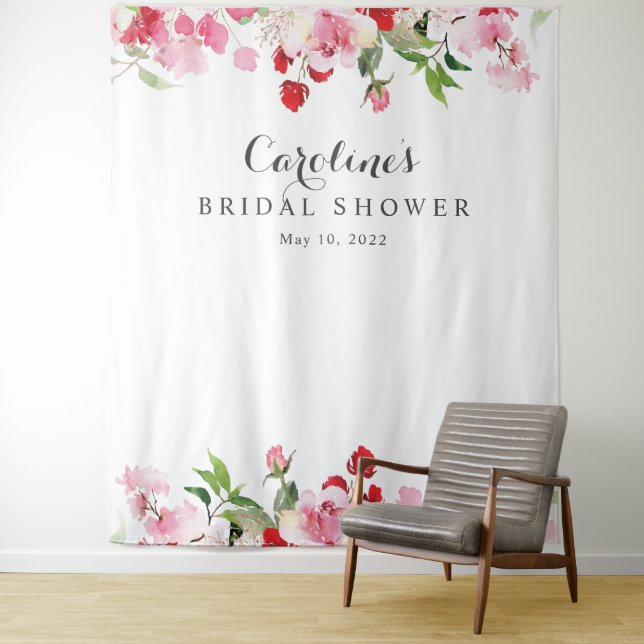 Watercolor Red Pink Roses Bridal Shower Backdrop Tapestry (In Situ)