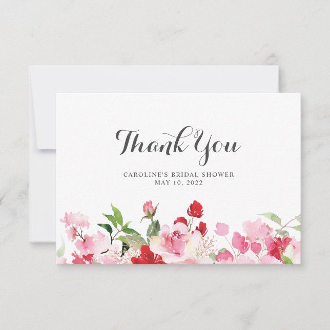 Watercolor Red Pink Roses Bridal Shower Thank You Card (Front)