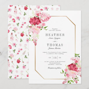 Watercolor Red Pink Roses Gold Frame Wedding Invitation