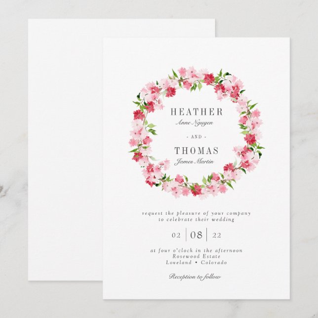 Watercolor Red Pink Roses Wreath Wedding Invitatio Invitation (Front/Back)