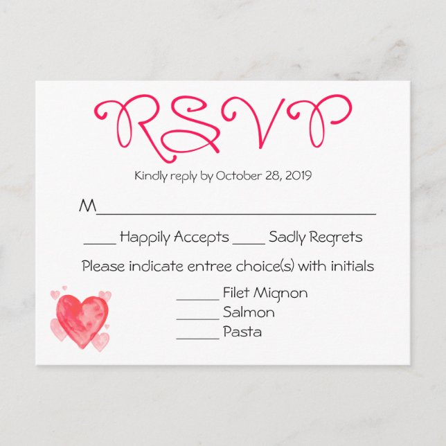 Watercolor Red & Pink RSVP Wedding Party Response Invitation Postcard (Front)