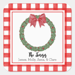 Watercolor Red Plaid Bow Christmas Wreath Gift Tag