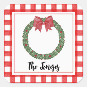 Watercolor Red Plaid Bow Christmas Wreath Gift Tag