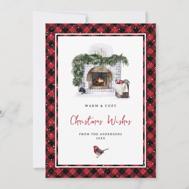 Watercolor Red Plaid Snow Christmas Wishes Cards (Front)