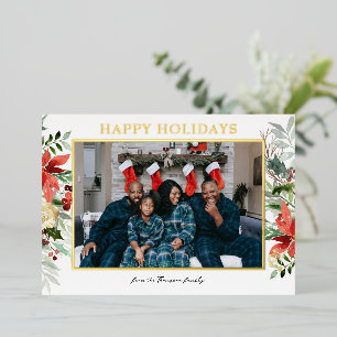 Watercolor Red Poinsettia Botanical Floral Photo Foil Holiday Card