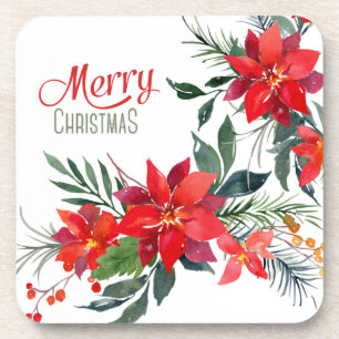 Watercolor Red Poinsettia Bouquet Christmas Coaster