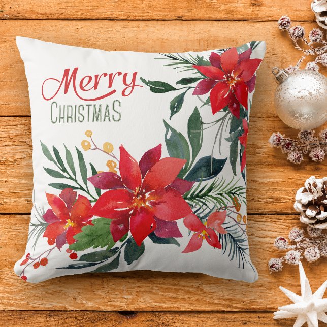 Watercolor Red Poinsettia Bouquet Christmas Cushion (Creator Uploaded)