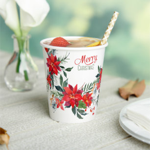 Watercolor Red Poinsettia Bouquet Christmas Paper Cups