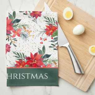 Watercolor Red Poinsettia Bouquet Christmas Tea Towel