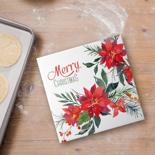 Watercolor Red Poinsettia Bouquet Christmas Tile