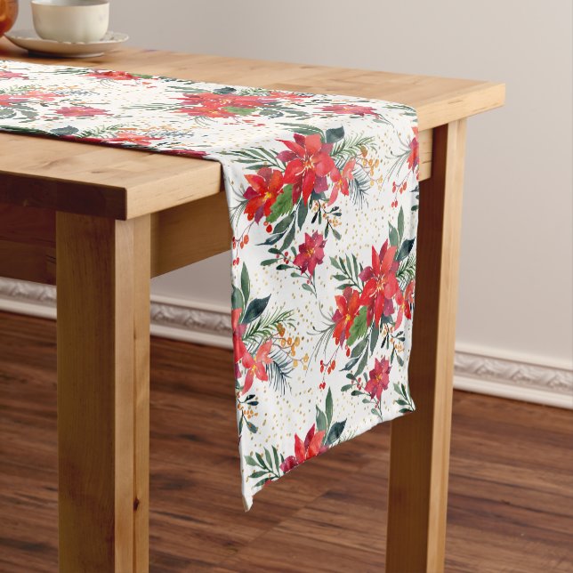 Watercolor Red Poinsettia Bouquet Holiday Pattern Medium Table Runner (In Situ)
