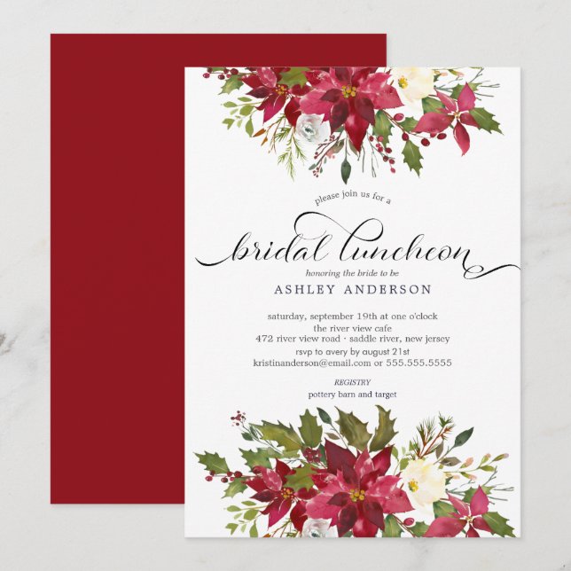 Watercolor Red Poinsettia Bridal Shower Luncheon Invitation (Front/Back)