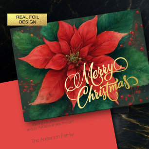 Watercolor Red Poinsettia Christmas Foil Holiday Card