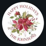 Watercolor Red Poinsettia Christmas Happy Holidays Classic Round Sticker<br><div class="desc">Lovely festive stickers / seals hand painted watercolor poinsettia bouquet flowers and holly in green and deep red berry colours.  Easy to edit text.  HAPPY HOLIDAYS or MERRY CHRISTMAS.  Makes great seals to envelope to send to family and friends during the holiday season - great keepsake!</div>