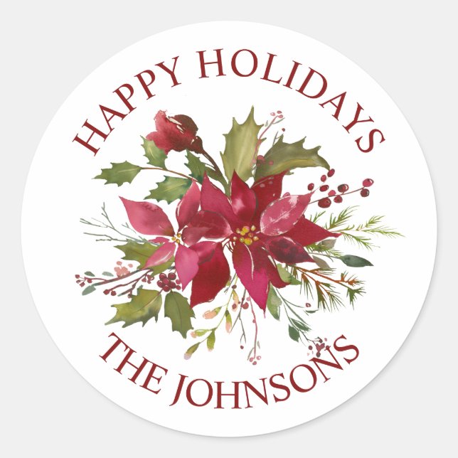 Watercolor Red Poinsettia Christmas Happy Holidays Classic Round Sticker (Front)