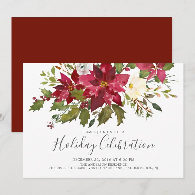 Watercolor Red Poinsettia  Christmas Holiday Party Invitation (Front/Back)