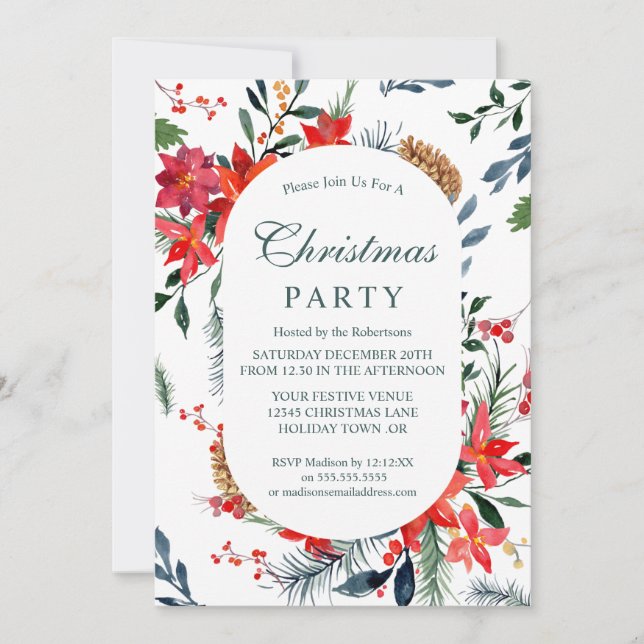 Watercolor Red Poinsettia Christmas Party Invitation (Front)