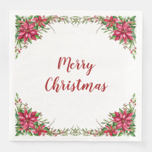Watercolor Red Poinsettia Floral Christmas Napkin