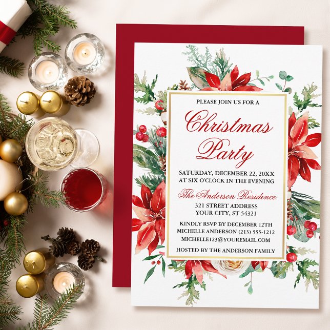 Watercolor Red Poinsettia Floral Christmas Party Invitation (Customize to change text size, text style or color of back of card.)