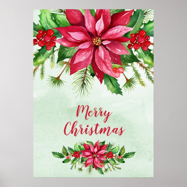 Watercolor Red Poinsettia Floral Christmas Poster (Front)