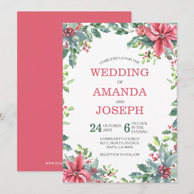 Watercolor Red Poinsettia Floral Christmas Wedding Invitation (Front/Back)