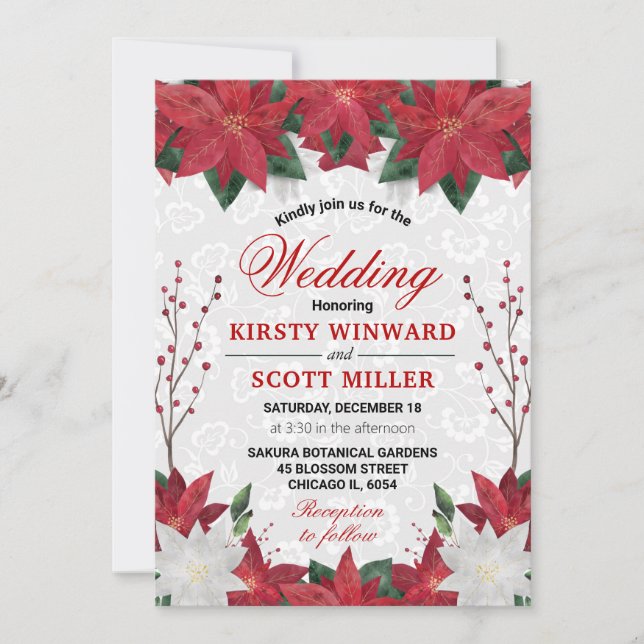 Watercolor Red Poinsettia Floral Christmas Wedding Invitation (Front)