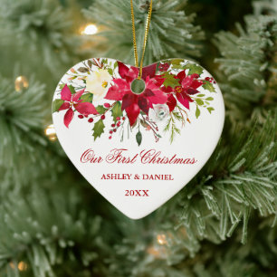Watercolor Red Poinsettia Floral First Christmas Ceramic Tree Decoration