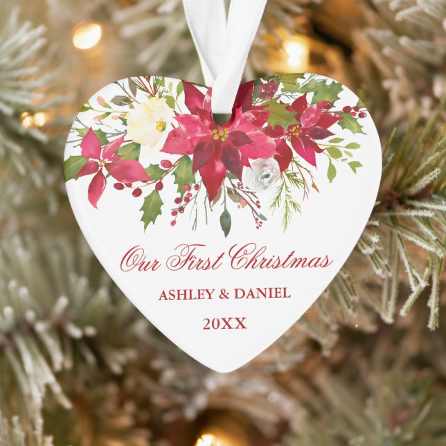 Watercolor Red Poinsettia Floral First Christmas Ornament (Tree)