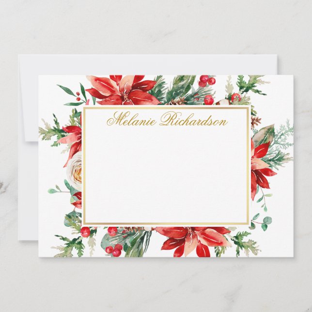 Watercolor Red Poinsettia Floral Greenery Gold Card (Front)