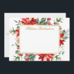 Watercolor Red Poinsettia Floral Greenery Gold Card<br><div class="desc">Elegant Watercolor Poinsettia Floral Greenery Gold Frame Personalised Note Card includes red poinsettias,  eucalyptus leaves,  pine cones,  pine needles,  cotton,  holly berries and other beautiful winter botanical greenery.  Gold Script.</div>