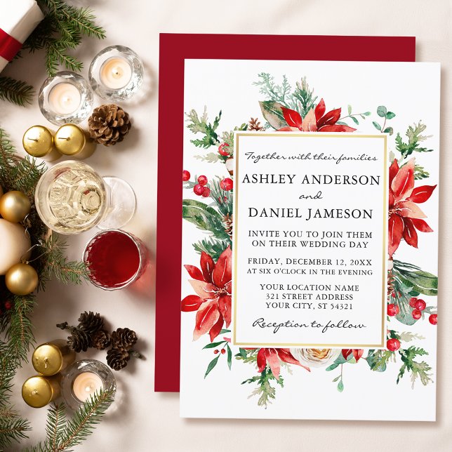 Watercolor Red Poinsettia Floral Greenery Wedding Invitation (Customize to change text size, style or color of back of card.)