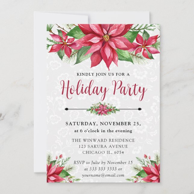 Watercolor Red Poinsettia Floral Holiday Christmas Invitation (Front)