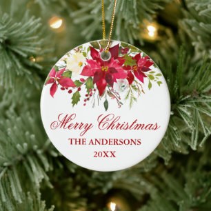 Watercolor Red Poinsettia Floral Personalised Ceramic Tree Decoration