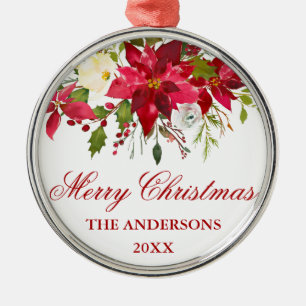 Watercolor Red Poinsettia Floral Personalised Metal Tree Decoration
