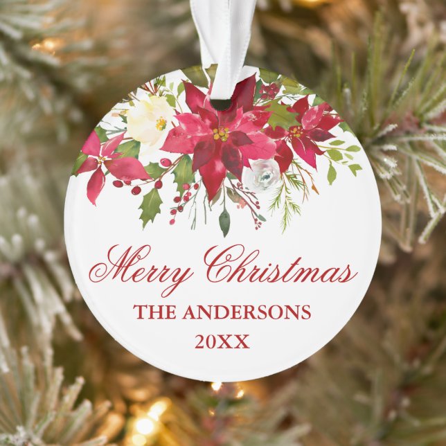 Watercolor Red Poinsettia Floral Personalised Ornament (Tree)