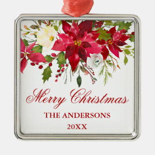 Watercolor Red Poinsettia Floral Square Metal Tree Decoration