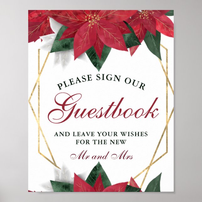 Watercolor Red Poinsettia Floral Wedding Guestbook (Front)