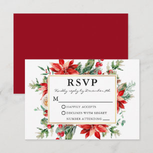 Watercolor Red Poinsettia Floral Wedding RSVP Card
