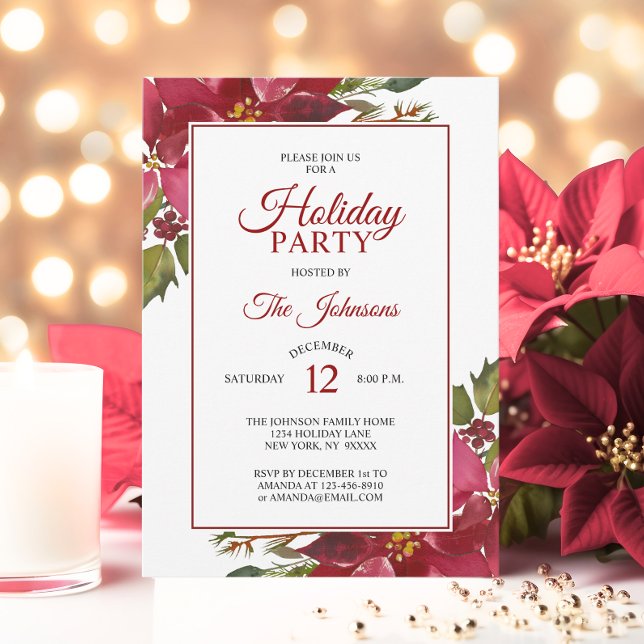 Watercolor Red Poinsettia Holiday Christmas Party Invitation (Watercolor Red Poinsettia Holiday Christmas Party Invitation)