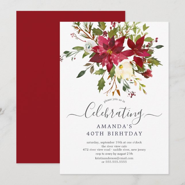 Watercolor Red Poinsettia Holly Birthday Party Invitation (Front/Back)